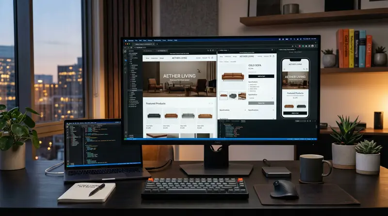 Entwickler-Workspace mit AETHER LIVING E-Commerce Store, Produktseite und Mobile Preview — Webdesign von Uzun Digital